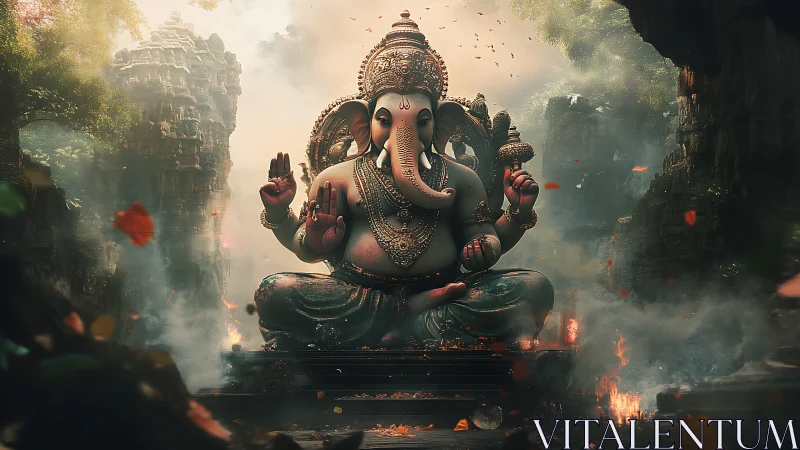 Highly detailed Ganesha statue in atmospheric ruined temple courtyard