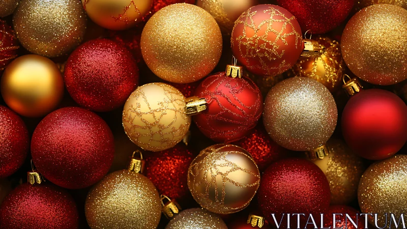 Red and gold Christmas baubles in a dense decorative cluster.