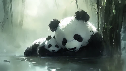 Giant panda and cub rest beside misty bamboo pool