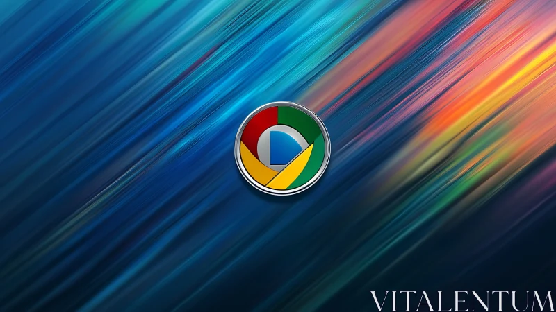 Circular multicolor emblem is centered on linear blue gradient