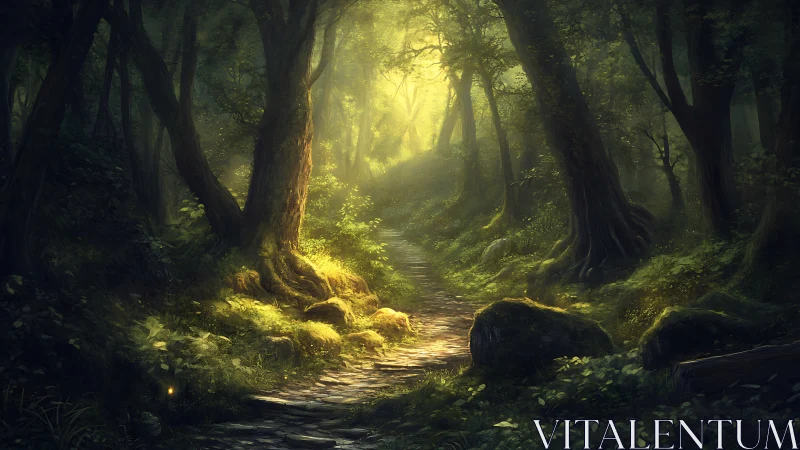 Enchanted Forest Path with Golden Sunlight Breakthrough