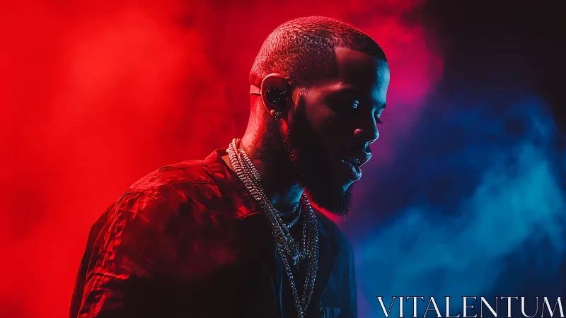 Side-lit portrait isolates pensive man in red blue haze