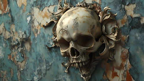 Weathered skull relief mounted on distressed teal wall.