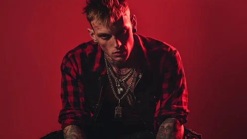 Moody red-lit portrait of tattooed punk figure in plaid shirt