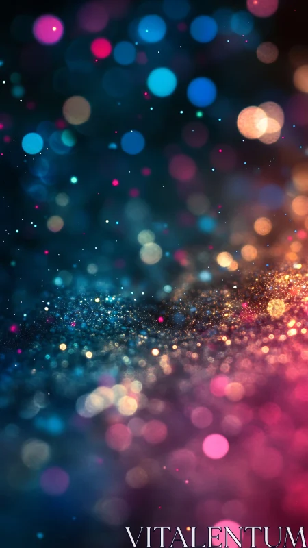 Neon bokeh galaxy with glittering light orbs at night.