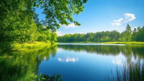 Sunlit forest lake rests quietly under a wide blue sky