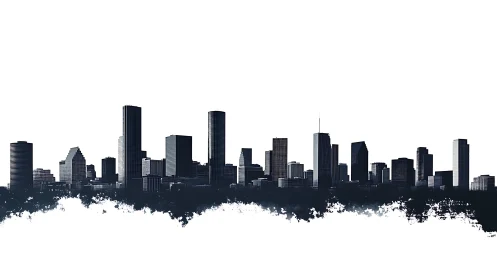 Ink-washed city skyline rising from abstract urban mist.