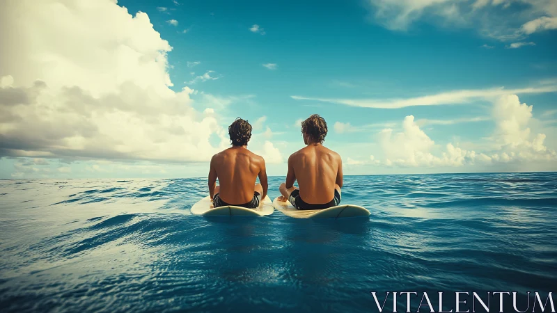 Two surfers sit on boards in calm open ocean water