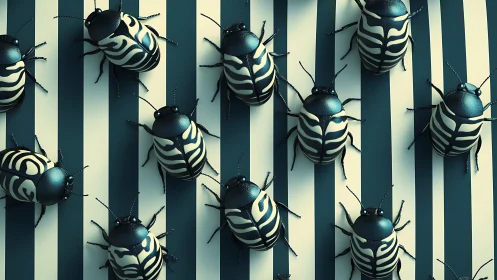 Striped beetles march playfully across bold graphic lines