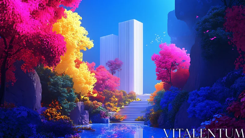 Radiant gardens welcome a serene white tower in dreamlight