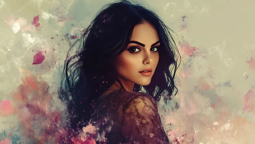 Digital portrait of brunette woman in painterly blooms.