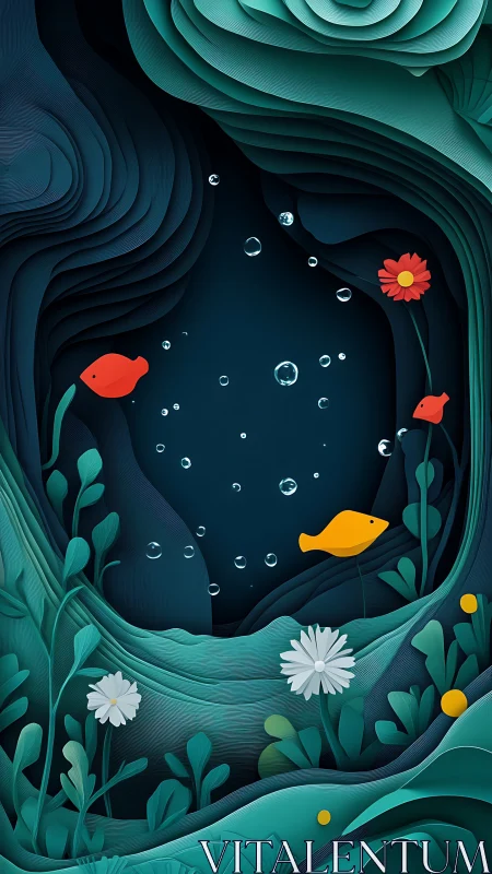 Layered aquatic paper-cut garden with stylized fish forms.