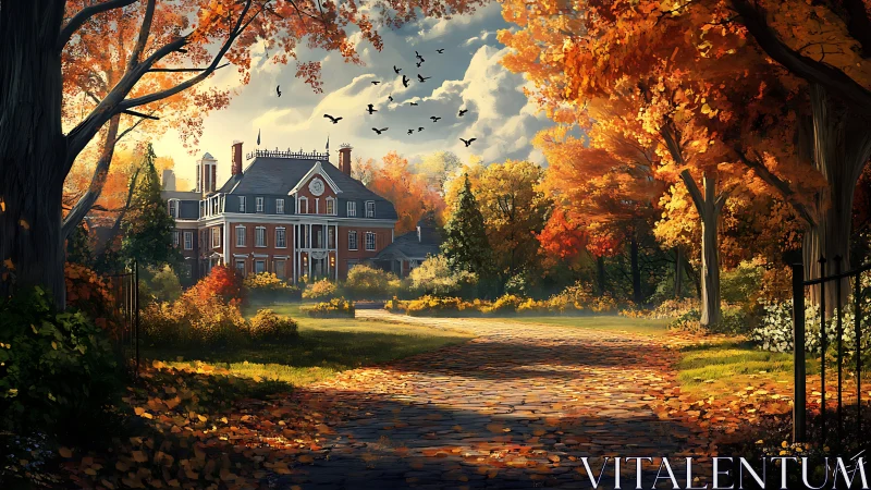 Golden autumn manor lane bathed in soft afternoon light.