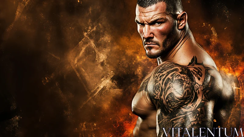 Muscular tattooed man posing against fiery textured backdrop.