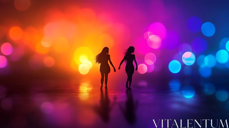 Two silhouetted figures stand against vibrant gradient bokeh lighting