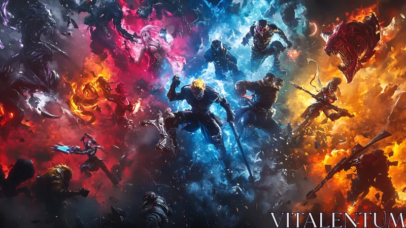 Triptych elemental warriors clash in explosive nebula battleground