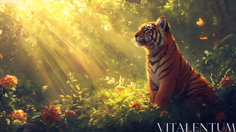 Sunlit tiger rests peacefully in a glowing forest garden