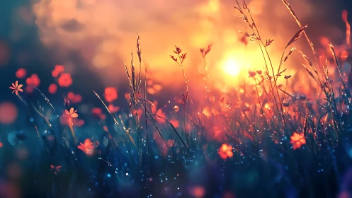 Glowing wildflower meadow in luminous sunset bokeh haze.