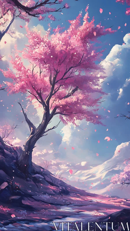 Skyward blossom path beneath drifting clouds of spring.