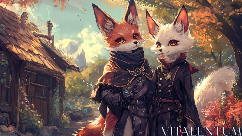 Fox mage companions stand in an autumn forest village scene.