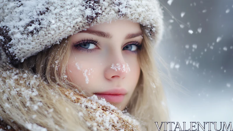 Snow-dusted winter portrait captures serene blue-eyed gaze