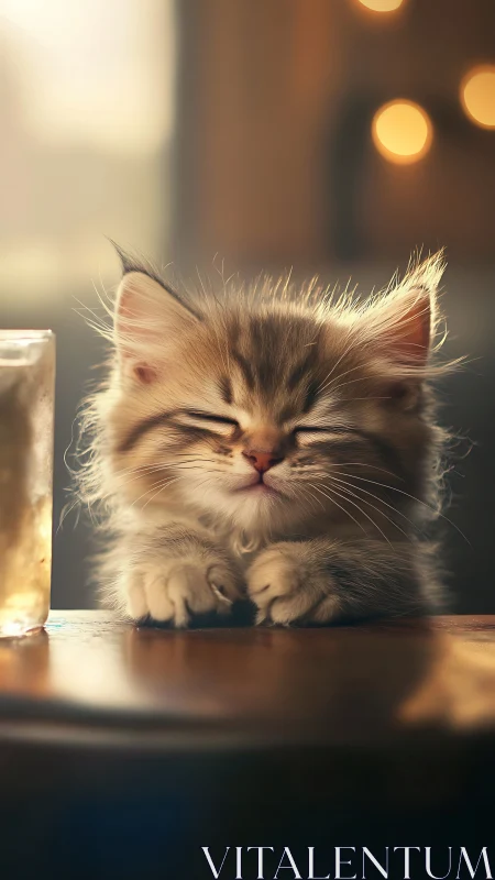 Fluffy Long-haired Kitten with Closed Eyes in Warm Golden Ambient Lighting