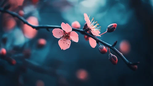 Pink Blossoms Whisper Against Teal Twilight.
