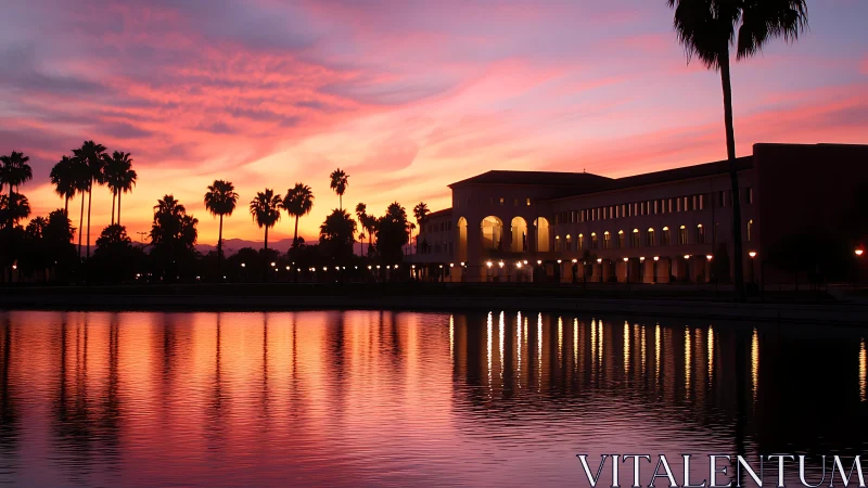 Palm-lined waterfront campus glows beneath a radiant sunset