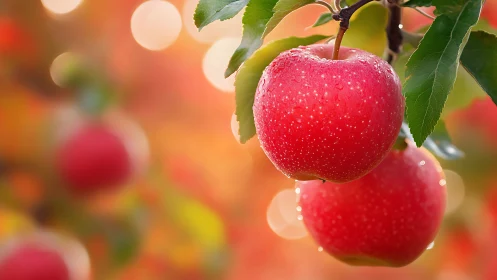 Macro orchard study with dewy apples and bokeh grounds.