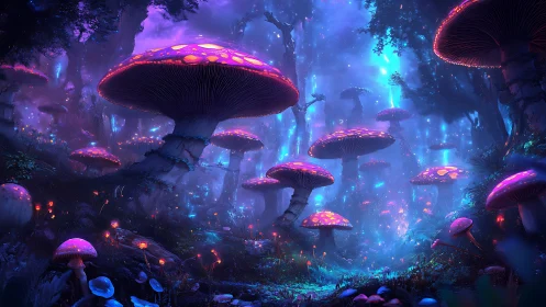 Mushroom forest with bioluminescent caps in blue light.