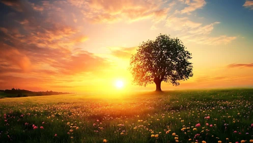 Sunrise crowns a lone meadow tree with molten gold light