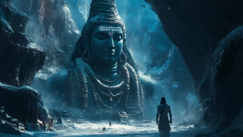 Colossal Shiva statue looms in a mystical icy mountain cavern