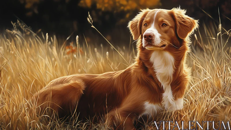 Golden field daydream with a gentle red-coated dog.