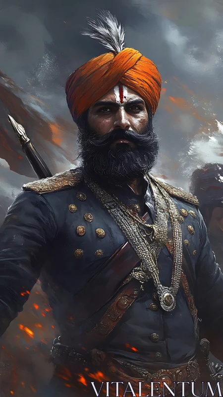Warrior in orange turban stands amid storm and embers.