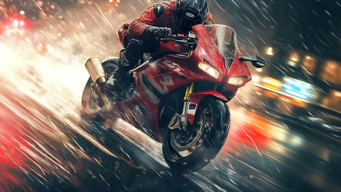 High-velocity superbike lean through rain-slick urban corridor.