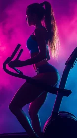 Fitness silhouette on elliptical under neon gym lights.
