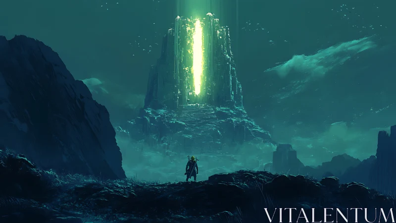 Monolithic alien gateway emits vertical neon breach over lone explorer