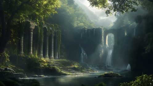 Digital painting of ruined forest sanctuary with cascades.