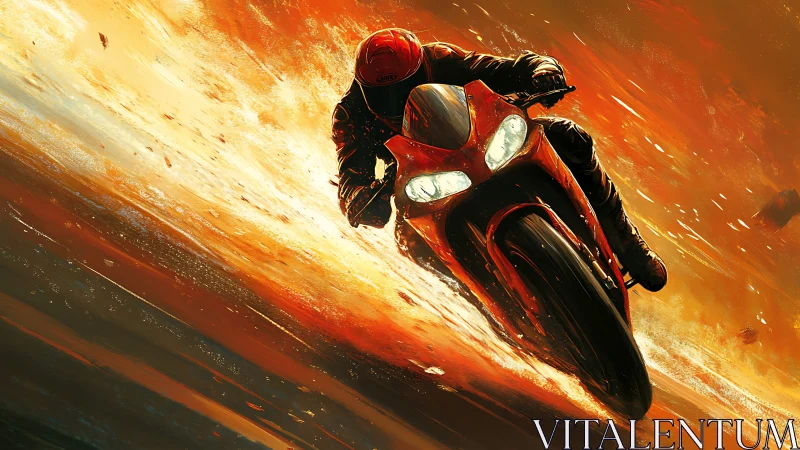 High-speed sport bike rider cutting through fiery motion field.