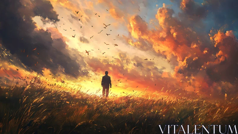 Solitary figure beneath blazing sunset cloudburst horizon.