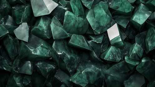Emerald crystalline fragments with sharp reflective facets.
