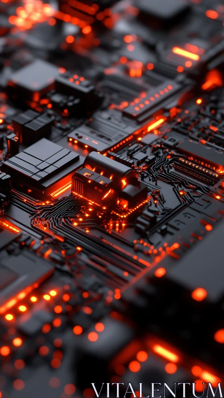 Futuristic circuit board with glowing red data pathways.