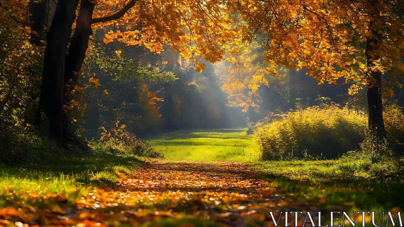 Sunlit autumn forest path glows through golden canopy.