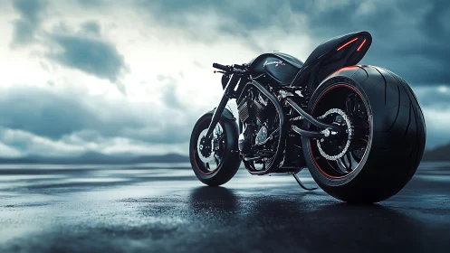 Custom black motorcycle on wet asphalt under stormy sky.