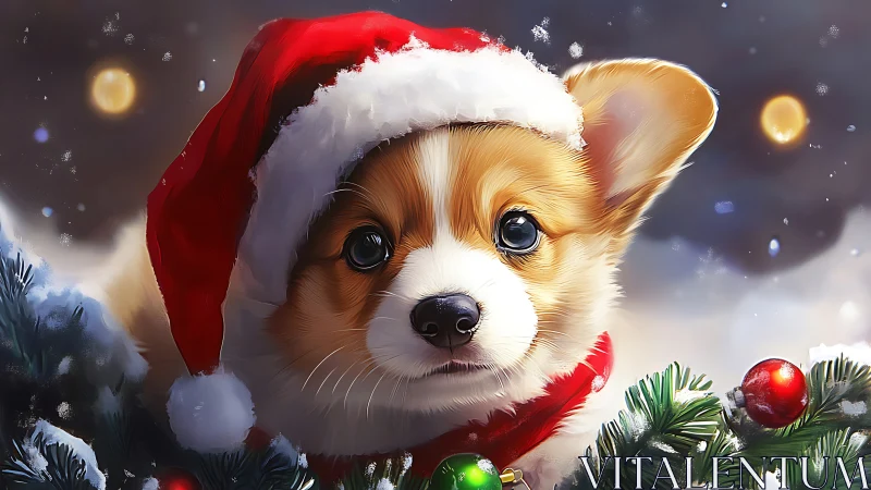 Festive corgi puppy in Santa hat amid glowing ornaments.