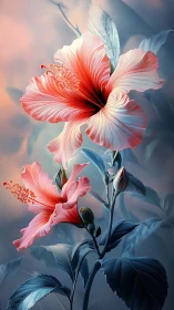 Pink Hibiscus Blooms Against Luminous Blue Haze.