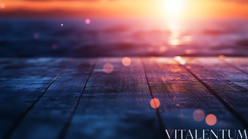 Wooden deck surface facing blurred ocean horizon at sunset.