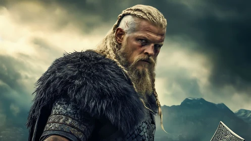 Stoic Viking warrior gazing across stormy mountain skies.
