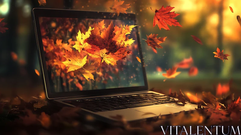 Laptop screen glows with swirling golden autumn leaves.