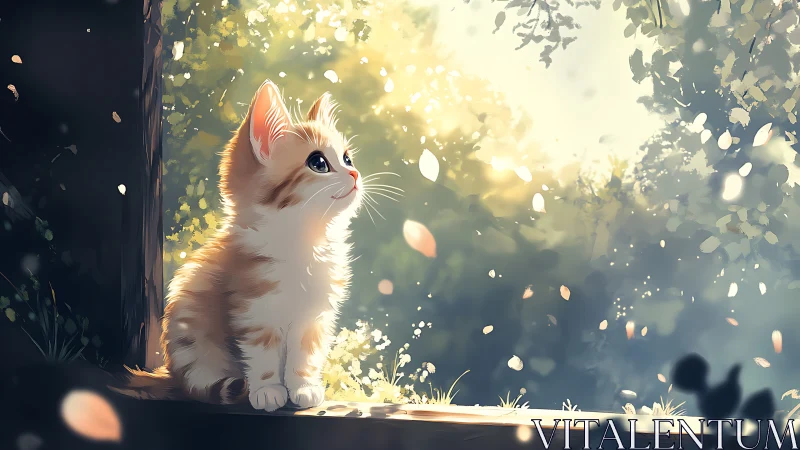 Kitten Portrait with Warm Backlighting and Falling Foliage.